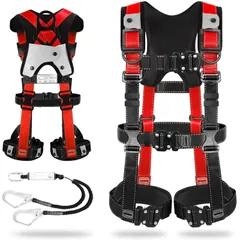 [TT TRSMIMA] フルハーネス 新規格 セット フルハーネス安全帯 - 安全保護 ワンタッチ バックル 脱着簡単 ハーネス安全帯 ランヤード付き 2丁掛け 肩パッド 収納袋付き 墜落制止用器具 高所作業用 電気工事 落下防止