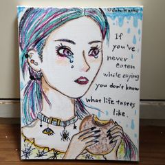 手描きイラスト 蜘蛛ファッション女性「泣きながら食べたことが無いなら人生の味は分からない」  絵画  キャンバス  アート