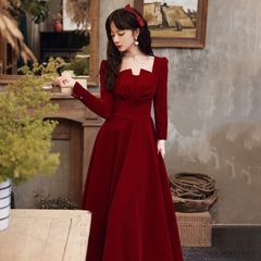 カラードレス ワンピース レディース ドレス ロング 袖付きワンピース パーティードレス ロングドレス レトロ クラシカル スクエアネック ロングワンピース Aラインドレス 演奏会 発表会 ステージ衣装 長袖 パーティー お呼ばれ 演奏会 xzdsbku