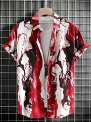 白赤マーブル総柄プリント 半袖シャツ アロハシャツ 320 柄シャツ ヤクザ ヤンキー オラオラ系 ストリート ダンス HIPHOP B系 ホスト 服 メンズ ファッション