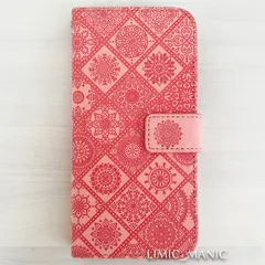 iPhone 14 / 13 ケース スマホ 手帳型 カードケース ピンク エスニック風 エンボス加工 曼荼羅模様 アイフォン