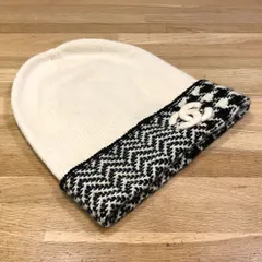 超美品 シャネル ココマーク ニットキャップ 千鳥格子 ビーニー アイボリー 14424