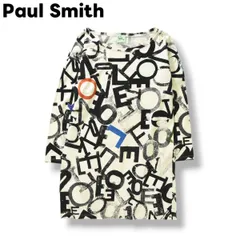 【美デザイン!】 日本製 ポールスミス Paul Smith 七分袖 チュニック Tシャツ カットソー トップス ロンT  M 英文字柄 総柄 ホワイト x ブラック レディース ♪