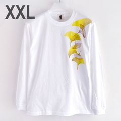 手描きイチョウ柄長袖Tシャツ XXLサイズ ホワイト 銀杏柄 袖リブ付き ロンT　白