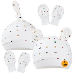 【新着商品】帽子2個+手袋2組 綿 防寒防風ニットワッチ 引掻き防止 0-6ヶ月の新生児 出産祝いギフト 可愛い赤ちゃん プレゼント ミトン 女児 男児 女の子 ベビーハット 男の子 (0-6月)