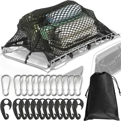 ETLIFE カーゴネット 車 90x120cm 2重キャンプインストラクター監修 簡単設置で時短。絡まない。ABS製フックx12 ステンレス製カラビナx12 収納ポーチ付属 ルーフラック ルーフネット ラゲッジネット ルーフキャリア 荷崩れ防止