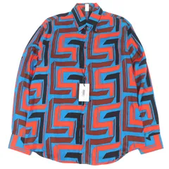 未使用品□Gianni Versace ジャンニヴェルサーチ ヴィンテージ シルク100% 総柄 ロングスリーブ 長袖シャツ ブルー系 52 イタリア製 メンズ