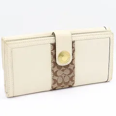 良品 コーチ 二つ折り長財布 Wホック ロゴ付きボタン ベージュ×ライトブラウン KYM