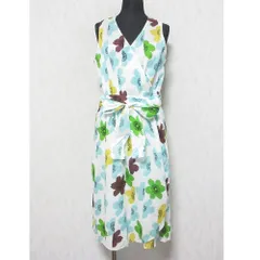 美品 mila schon ミラショーン ブルーレーベル フラワープリント 花柄 ノースリーブ ミディ丈 ラップワンピース ドレス 42 ホワイト系 レディース 古着 中古 USED