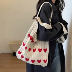 もこもこ編み×赤ハートが最強に可愛い♡ ニットトートバッグ✨鞄 カバン かばん A4サイズ 大きめ ニット トートバッグ 仕事 普段使い 通勤 通学 韓国 人気 軽量