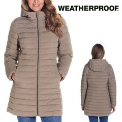新品 M ★ コストコ Weatherproof ウェザープルーフ レディース ストレッチ 中綿 ジャケット グレージュ グレー ベージュ キルティング コート フード取り外し可能フード付き 撥水 防風 防寒 伸縮 パーカー アウター ブルゾン コート 女性用