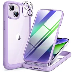 Miracase iPhone14ケース スマホケース iphone14 用 カバー 全身バンパー保護ケース 9H 強化ガラス 6.1インチ フルカバー 360°保護 ワイヤレス充電対応 紫 1