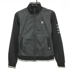 【美品】フィラゴルフ ジャケットブルゾン 黒 身頃英字総柄 ロゴ白 裏微起毛 レディース M ゴルフウェア FILA GOLF