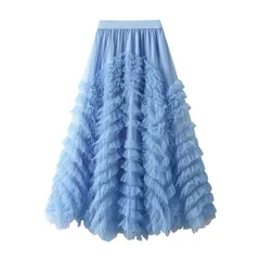 スカート レディース 秋冬 チュールスカート ティアードデザイン ロング丈 ハイウエスト 大きい裾 気質 エレガント M241225-100