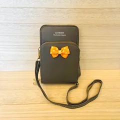 かわいいリボンの スマホ お財布 ショルダーバッグ ポーチ ケース 携帯 ウォレットケース スマホポシェット グレー
