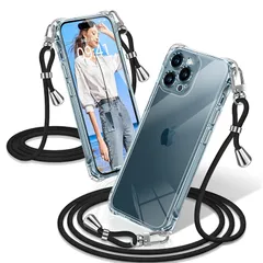 iPhone 12 Pro Max ケース クリア ショルダー 耐衝撃 iPhone12ProMax スマホケース 透明 織りストラップ付き 肩がけ 首掛け 紐付き アイフォン12ProMax カバー 縄掛け シングルショルダーロープ 斜めがけ 調節可能な 1