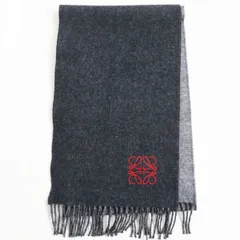 極美品●LOEWE ロエベ ウール×カシミヤ アナグラム刺繍入り フリンジマフラー/ストール グレー系×レッド イギリス製 正規品のサムネイル