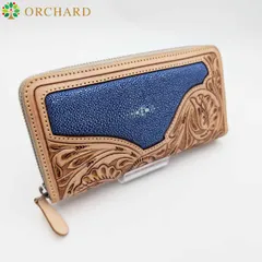 スティングレイ ガルーシャ エイ革 フラワーカービング 牛革 ディープブルー ラウンドファスナー 長財布