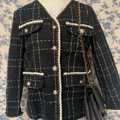 ジャケット　ツイード　ブラック　上品　ゴールド　韓国風　おしゃれ