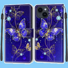 【在庫処分】耐摩擦 耐衝撃 全面保護 レザー マグネット式 携帯カバー スマホケース カード収納 13 スタンド機能 13 手触りが良い ケース手帳型 人気 / 上質 14 6.1インチ対応 iPhone 青い蝶 KENHONER