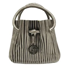 ジョルジオアルマーニ GIORGIO ARMANI ハンドバッグ レザー プリーツ メタリック ロゴチャーム ポーチ付き シルバーのサムネイル