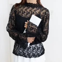 花柄刺しゅう レースブラウス 長袖 レディース 総レース プチハイネック ブラウス シアートップス シースルー オシャレ セクシー プルオーバー 韓国風 フェミニン 重ね着 シャツ シアーブラウス