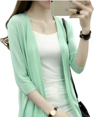 world resilience カーディガン レディース ロング 秋 薄手トップス 羽織り 七分袖 日よけ 無地 カジュアル 冷房(ミント,  L)