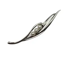 SILVER 6.0mmパール 3連 ブローチ リーフ シルバー 真珠 中古 D4