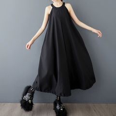モード系   クールな印象 ブラック ノースリーブ Aライン アレンジ ドローコードヘム  ロングドレス  夏物  個性派  ロングドレス  パーティドレス