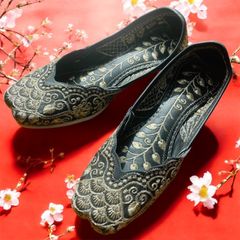 黒 花柄 刺繍 フラットシューズ トールペインティング 23 EEE ブラック