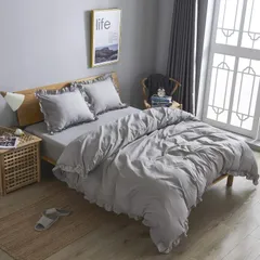 【在庫セール】HOdo Home 布団カバー 4点セット セミダブル 掛け布団カバー ベッドカバー 枕カバー ベッドシーツ ボックスシーツ 洋式・和式兼用 寝具カバーセット フリル付き ピーチスキン加工 洗い替え 速乾（セミダブル ライトグレー）