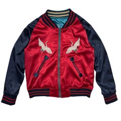 中古 U.S.NAVY SEABEES BVC スカジャン クリーニング済み リバーシブル 蜂 鶴 サテン素材 レディースL