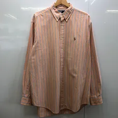 90's Polo by Ralph Lauren CLASSIC FIT/90年代 ポロバイラルフローレン ストライプ柄 ポニー刺繡 長袖 シャツ ボタンダウン オーバーサイズ hongkong製 メンズ L サーモンピンク