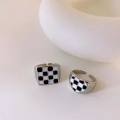 指輪 レディース リング フリーサイズ スクエア ハート 市松柄 バイカラー モノトーン おしゃれ フリーリング 個性的 韓国 メール便送料無料