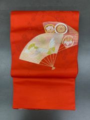 【美品】袋帯  鮮やかな朱紅色 扇文様 仕立て上がり