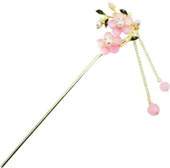 Miaomyao ミャオミャオ 簪 かんざし 髪飾り 和装 着物 留袖 一本挿し シルバー パール クリスタル 水晶 ダブル フラワー 桜 花 モチーフ ヘアアクセサリー(ピンク,  ワンサイズ)