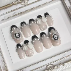 5 ネイルチップ フレンチガーリー フレンチネイル カメオ リボン ブラック