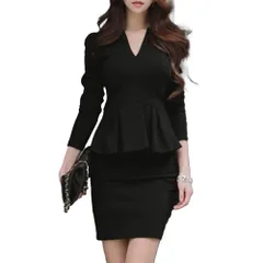 キッソス（ＫＩＳＳＯＳ） レディース ワンピース Vネック タイト スーツ 長袖 ミニ キャバ キャバドレス クラブドレス 結婚式 パーティー お呼ばれ (Lサイズ) [ブラック] [L]