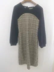 ◇ MAJESTIC LEGON ニット 切替 柄 長袖 膝丈 ワンピース サイズM ブラック ブラウン系 マルチ レディース P  【1302280002743】