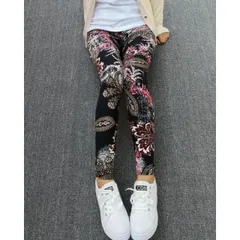 送料無料 レギンス ヨガ ジム 10分丈 十分丈 花柄 模様 メキシカン ブラック ブルーム パンツ 美脚 効果/冬 プレゼント クリスマス 温感/プレゼント 同梱限定