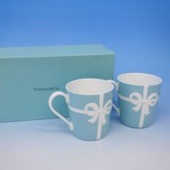 ティファニー　ブルーボックス　マグカップ2客　ブルーリボン　箱有　ブランド西洋食器【mxm100】