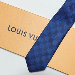 美品 ルイヴィトン Louis Vuitton ネクタイ シルク100% ネイビー/ブルー 【ダミエ】 252-95