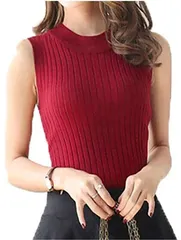 next glanz（ネクストグランツ） ノースリーブ ニット レディース タートルネック シフォン 細 スタイル 体型カバー 涼しい 感 サマー 清涼 肩 シェイプ フィット ストレッチ カジュアル( ボルドー,  Free Size)