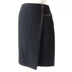 美品△正規 HERMES エルメス ヘリンボーン柄 Hレザーベルト付 裏地シルク カシミヤ100％ ラップスカート/巻きスカート ダークグレー系 38のサムネイル