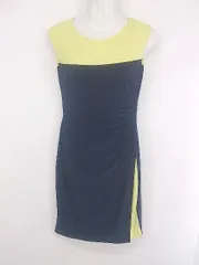 ◇ LAUREN RALPH LAUREN ギャザー ノースリーブ 膝丈 ドレス ワンピース サイズ2 ネイビー イエロー レディース E 【1307250004246】