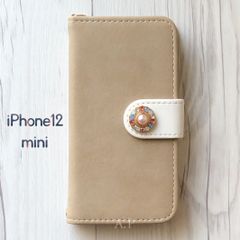 iPhone12mini ケース 手帳型★スエード調 グレージュ パール
