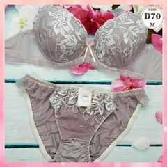 ★D70/M☆美胸ブラ＆ショーツセット 穴あきカップ ムレ軽減 快適冷涼 丸胸 ホワイトリリー 紫