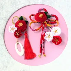 ❁椿と紅白梅の花着物・浴衣髪飾り＆椿帯飾り❁大人かわいいつまみ細工アクセサリー・卒業式・成人式・七五三和装髪飾り・花火・夏祭り・記念日・行事・つまみ細工髪飾り・ヘアアクセサリー