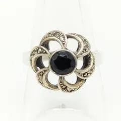 【美品】フラワーモチーフリング　オニキス　マーカサイト　SILVER　シルバー925　15号