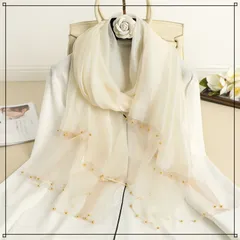 薄手 ストール 結婚式 お呼ばれ 白 ホワイト ショール ワンピースやドレスと合わせて使える！ 二次会 結婚式アイテム ゴールドビーズ シースルー シルク＆ウール ラメ パーティー 無地 シアー 高級感 可愛い 透け感 保護者会 謝恩会にも 春物 夏 秋 新品